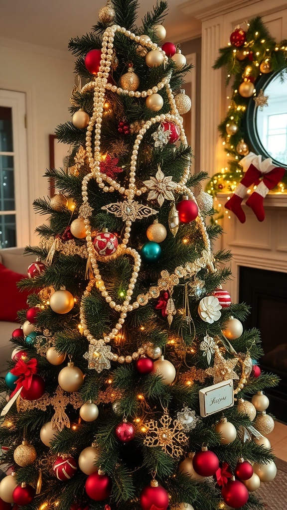 Creative Christmas Jewelry Decor Ideas Christmas tree decorated with jewelry including pearls and brooches in a cozy living room.